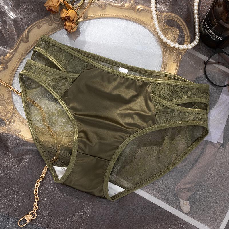 Elegant Lace Mesh Mid-Waist Satin Briefs for Women