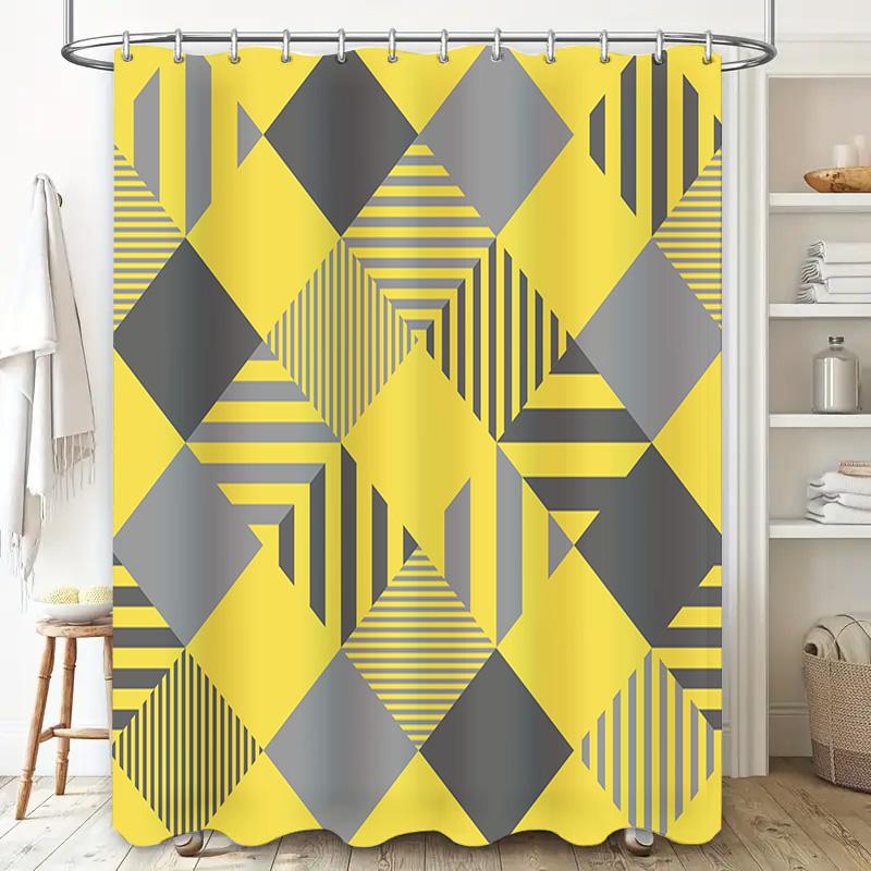 Modern Geometric Pattern Bathroom Shower Curtain Set Decorative Home Accessory in Bold Yellow Gray Colors for Bathrooms.