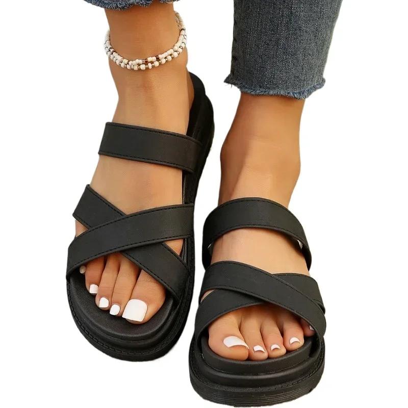 Summer Flat Women's Slippers Gladiator Beach Sandals Slides Cross Belt Platform Solid Colour Heeled Flip Flops Size 36-43