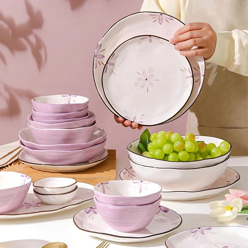 Романтичные фиолетовые керамические тарелки, легкие, роскошные, ресторанные, фруктовые, салатные, домашняя кухня, паста, обеденная тарелка, изысканные миски для риса