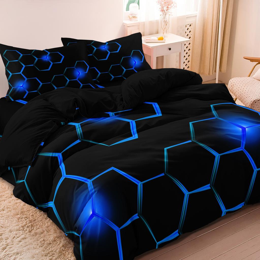 3pcs Geometric 3D Hexagonal Honeycomb Pattern DuvetCover SetDigital Print Colorful Polyester Bedding with Zipper Closure