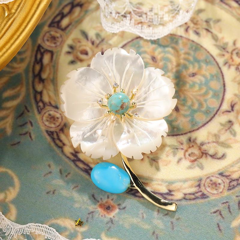 Xiliang Concubine Mother-of-Pearl & Blue Turquoise Peach Blossom Brooch – Elegant Coat Accessory Pin