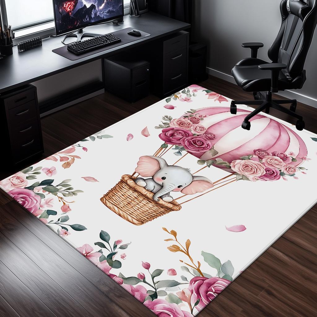 Crystal Velvet Rug Baby Elephant Hot Air Balloon Pink Rose Pattern Nursery Room Carpet Soft Cute Animal Theme Floor Mat