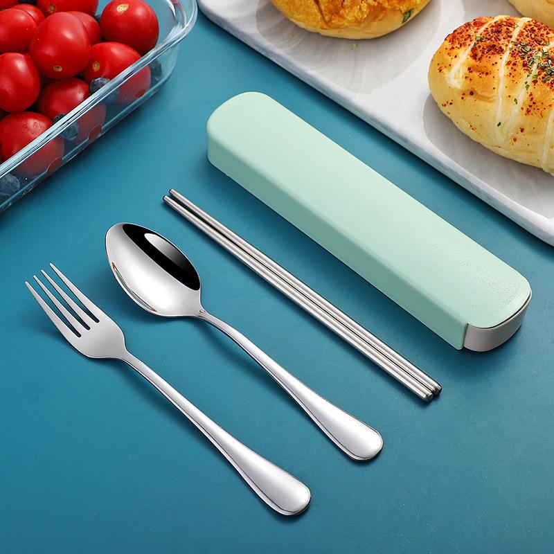 Портативный набор столовых приборов из нержавеющей стали с палочками для еды, ложками, для студентов, офисных работников, для улицы, вилка, ложка, три предмета