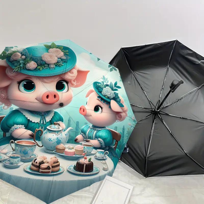 1PC Tea Party Pig Umbrella-8-Rib Reinforced, Automatic Open, Lightweight & Durable, Cute Fashion Accessory for Outdoor-T371