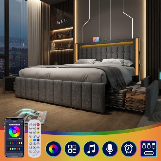 Charging Function Bed Upholstery USB Type C Led Lighting and 4 Drawers Youth Beds Double Storage Bed Slatted Frame Made Of Wood Gray (without