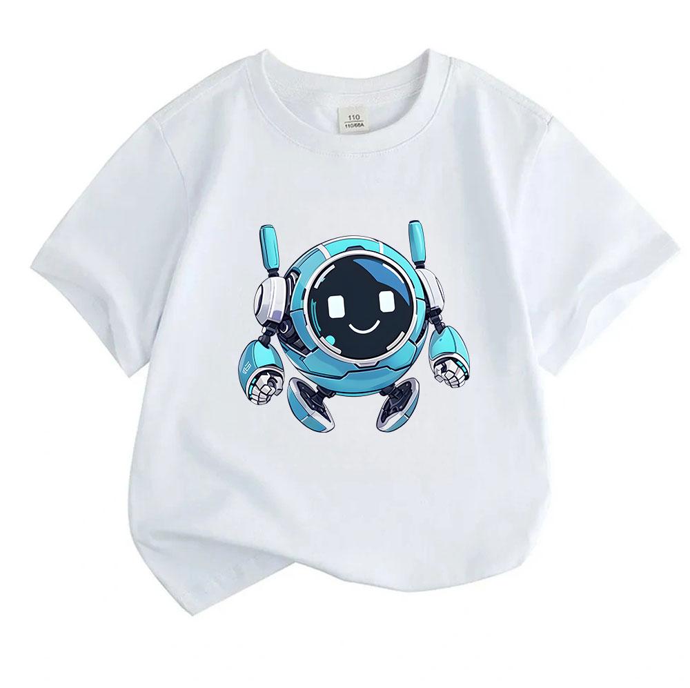 Kids Boys Girls Crew Neck Short Sleeve 100% Cotton T-Shirt Cute Smiling Round Robot Print Casual Soft Breathable Tee for Children Daily Wear