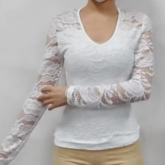 Осень-весна женский топ с вырезом из кружева с цветочной вышивкой, однотонный однотонный топ с v-образным вырезом и длинным рукавом, облегающий лоскутный мягкий женский сексуальный топ