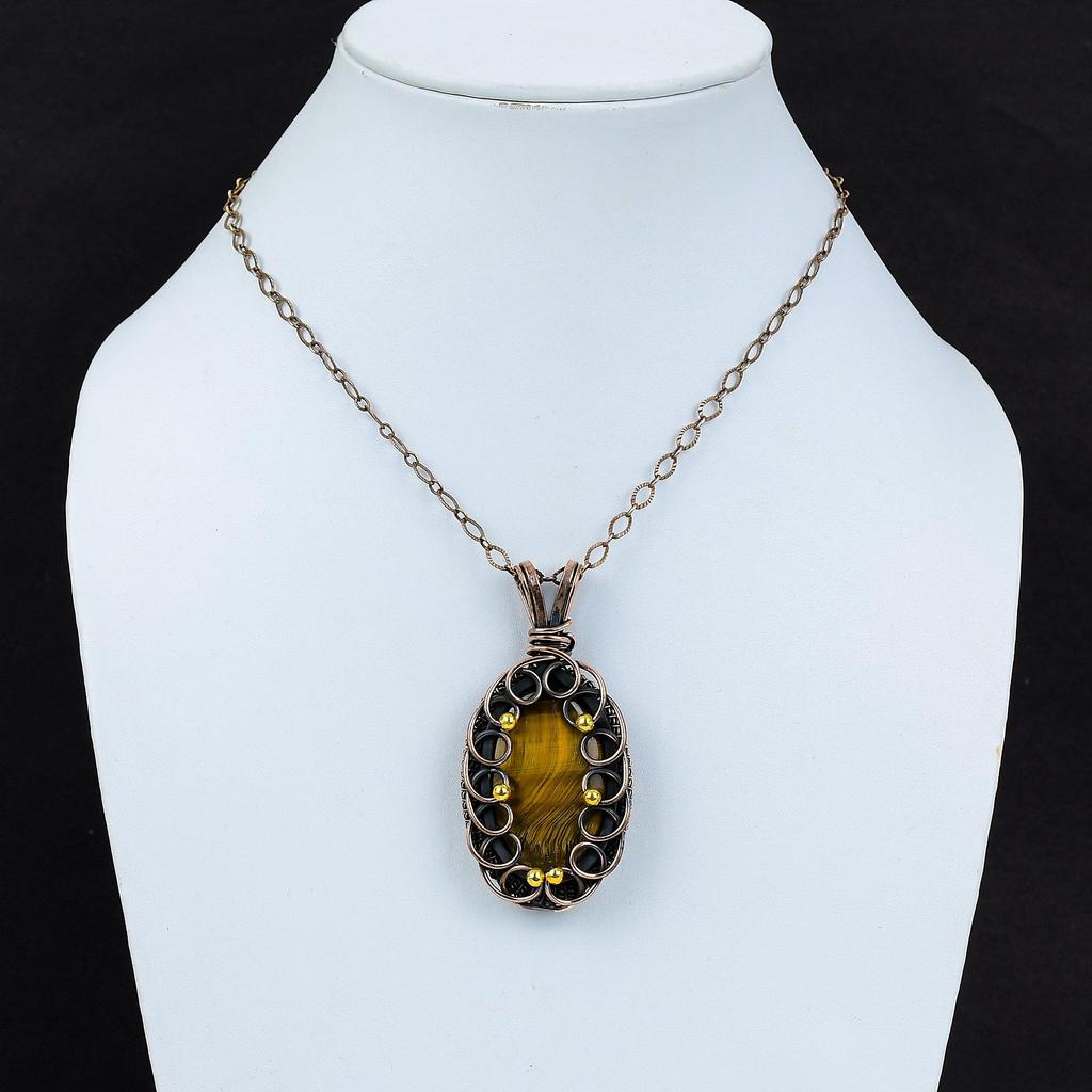 Тигровый глаз драгоценный камень из чистой медной проволоки обернутый ювелирный кулон ручной работы для подарка