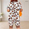 Women Plus Size White Halloween Printed Round Neck Short Sleeve Top Fitted Shorts Two Piece Set