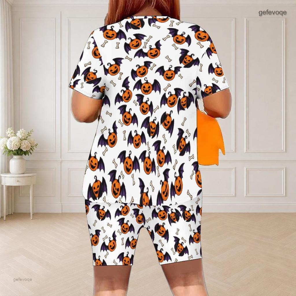 Women Plus Size White Halloween Printed Round Neck Short Sleeve Top Fitted Shorts Two Piece Set