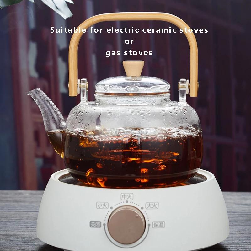 Glass Teapot with Tea Strainer Infuser Tea Kettle with Wooden Handle Heat Resistant Kung Fu Teaware for Electric Ceramic Stoves