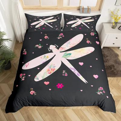 Пододеяльник Boho Dragonfly King Queen с милым цветочным принтом и сердечком из полиэстера в деревенском стиле с акварельными цветами