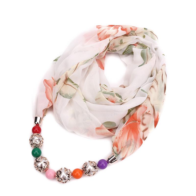 Floral Print Scarf Necklace with Beaded Chain – Elegant Women’s Fashion Jewelry & Versatile Infinity Scarf