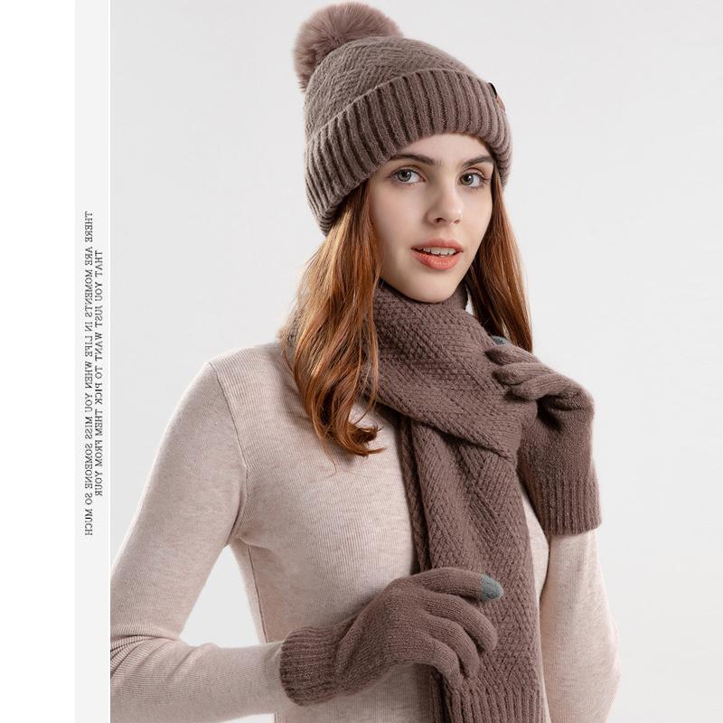 Зимняя вязаная шерстяная шапка, женская теплая шапка, шарф, перчатки, трехсекционная защитная шапка для ушей, шапка с рукавами, шапочки Skullies