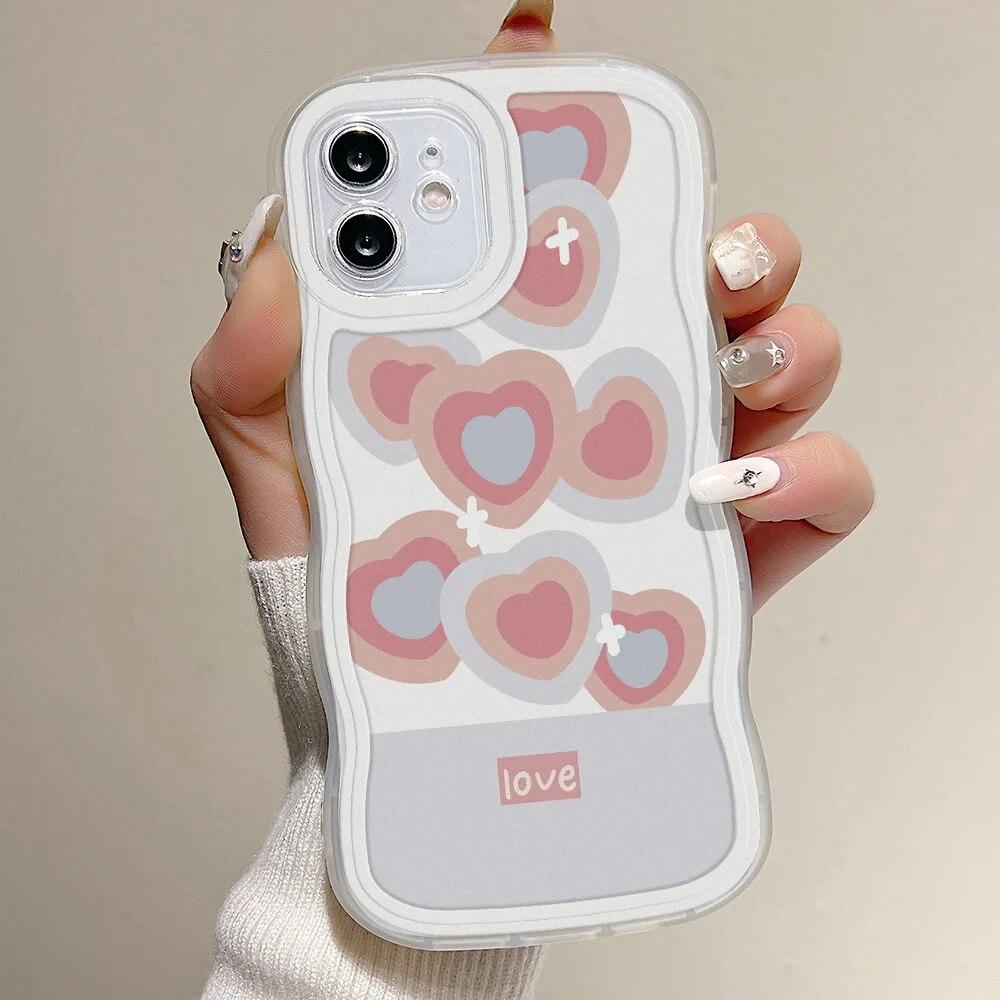 Love Heart Wavy Phone Case For iPhone 15 14 13 11 12 Pro Max 7 8 14 15 Plus X XR XS Max SE 2020 Shockproof Soft Clear Back Cover
