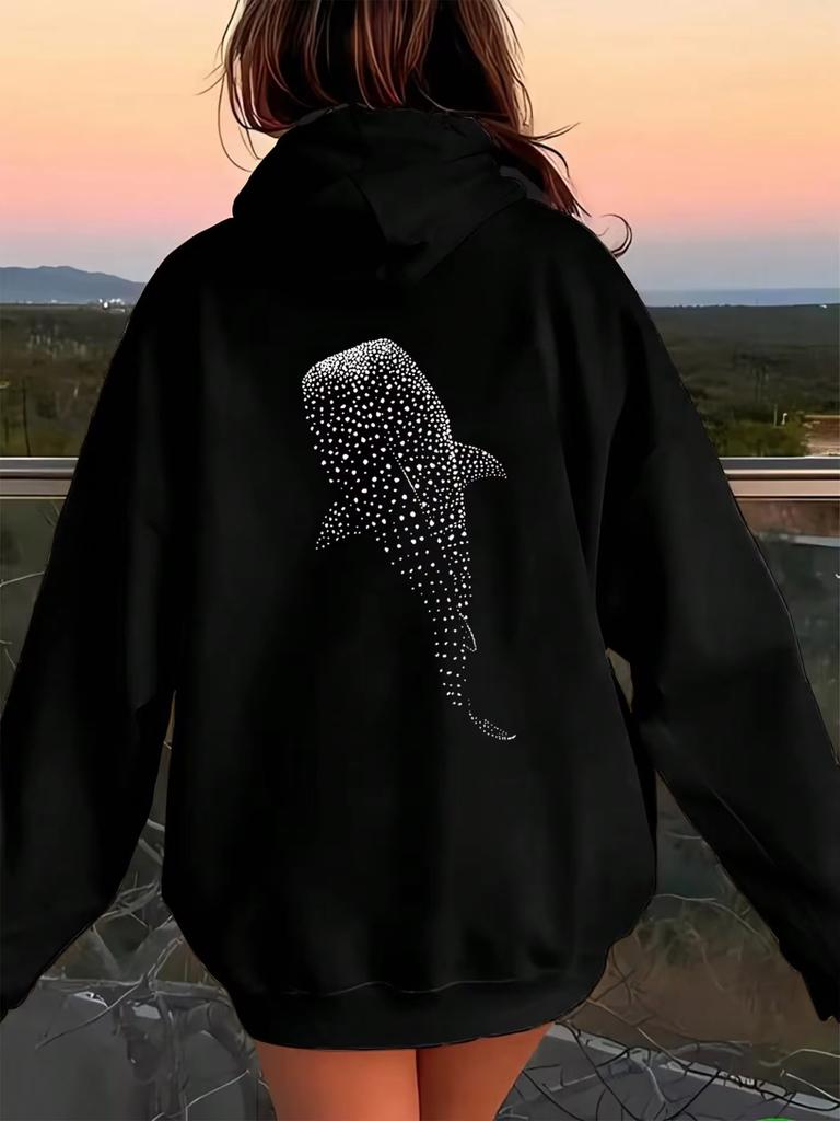 Ocean Element Style Single Whale Shark Pattern Print Hooded Women'S Oversized Hoodie Casual Streetwear Sweatshirt