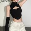 Fall Women's Solid Color Sexy High-Neck Sleeveless Cutout Crop Top