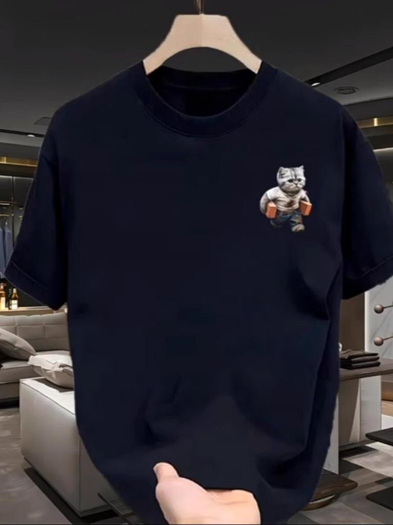 25 New Solid Color Round Neck Short-sleeved T-shirt Men's Summer Cat Print Pure Cotton Couple's Versatile Super Fire Street Top