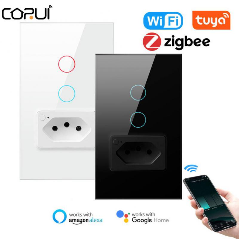Умный настенный выключатель Corui Tuya, розетка Zigbee Wi-Fi, бразильская стандартная стеклянная панель, приложение с дистанционным управлением, работает с Alexa Google Home