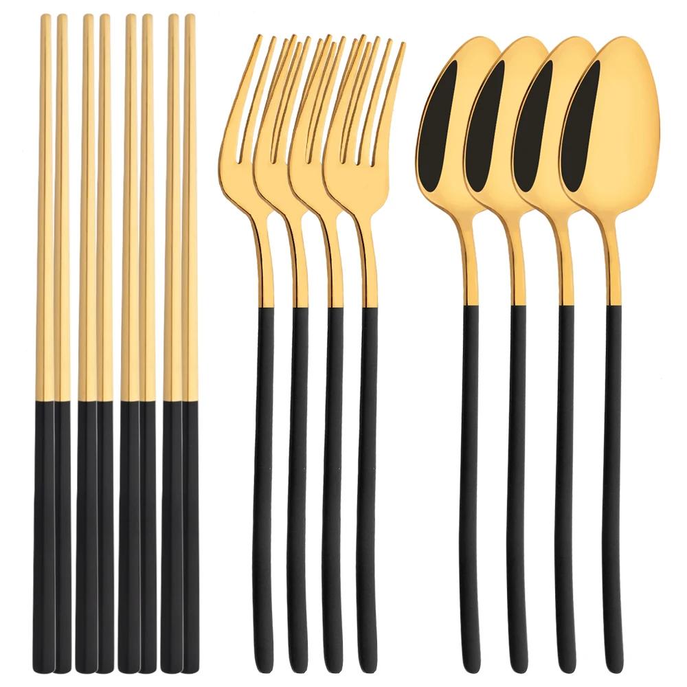 Серебряный набор столовых приборов из нержавеющей стали, палочки для суши, набор столовых приборов из 12 предметов, корейские палочки для еды, вилка, ложка, столовая посуда