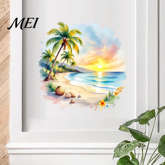 Tropical Landscape Wall Decor Sunset Palm Tree Seaside Decal, Watercolor Summer Beach Sticker, Decorative Window Film for Bathroom Coconut Art