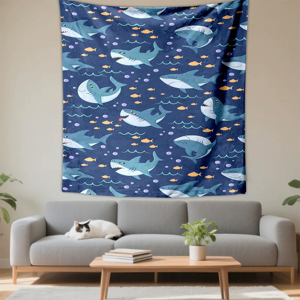 Shark and Fish Cartoon Ocean Pattern Patterned tapestry for bedroom and living room home decor