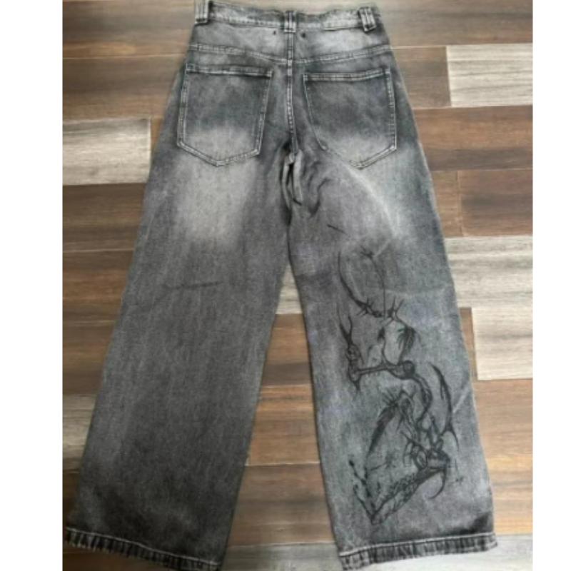 Американские джинсы Harajuku Vintage Print Y2K мужские выстиранные серые прямые брюки уличные готические свободные брюки унисекс Tide