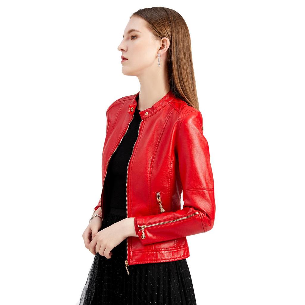 Women's Navy Blue Stand Collar PU Leather Jacket - Lightweight Spring/Autumn Fashion Coat