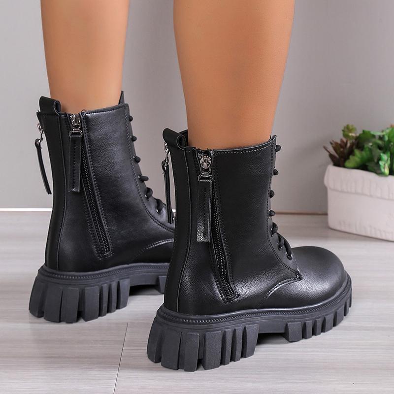 Black New Women Ankle Boots Autumn Winter Platform Lace Up Ladies Punk Boots Thick Sole Zipper Combat Booties Female