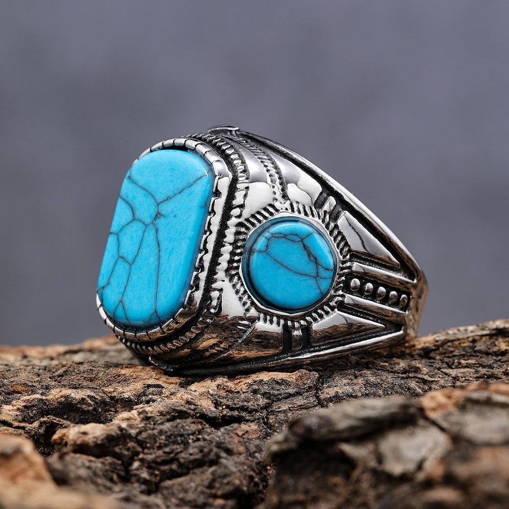 Nordic Style Titanium Steel Ring with Blue Turquoise Stone Vintage Three Sided Design for Men