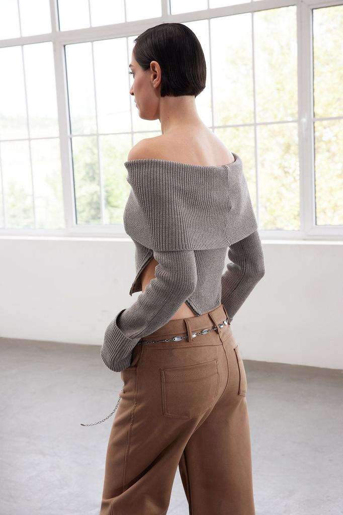 Женский свитер в элегантном стиле, ограниченный выпуск, вязаный свитер из норки с карменовым воротником и воротником-стойкой