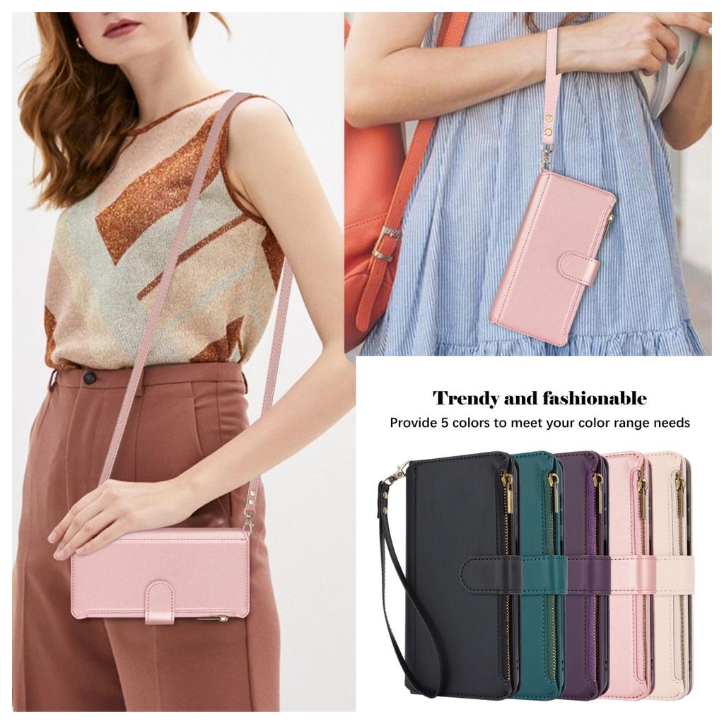 Multi Card Zippered Wallet with Short Hand Rope and Long Hanging Rope Phone Cover Case for iPhone Series/Samsung Series
