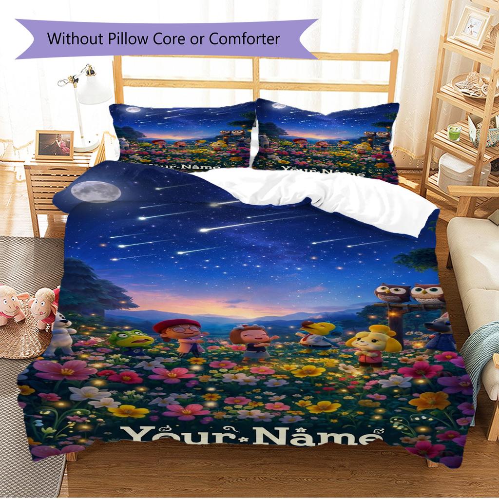 Name Custom Animal Crossing Anime Pattern Bedding Set Quilt Cover Pillowcase Home Decor Gift (1 * duvet cover + 2 * pillowcase, without core)