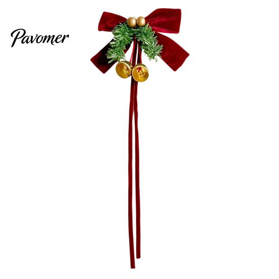 Reusable Window Tiebacks Christmas Bow Curtain Tieback with Bells, Faux Pine Branch Festive Holder, Red Drapery Holdback Flocked Fabric for