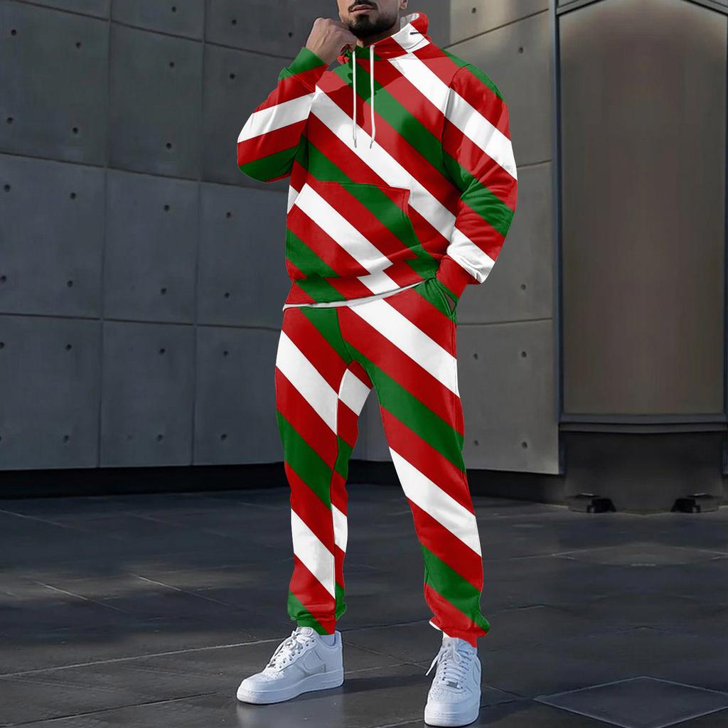 Мужские зимние рождественские принты с длинным рукавом толстовки с капюшоном толстовка брюки костюм