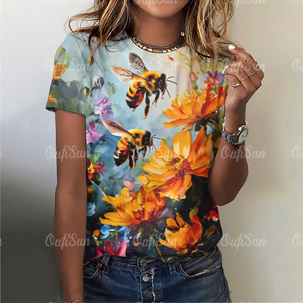 2025 Модные женские футболки, блузки с принтом пчелы, топы для женщин, базовые повседневные женские футболки с принтом, свободная женская одежда