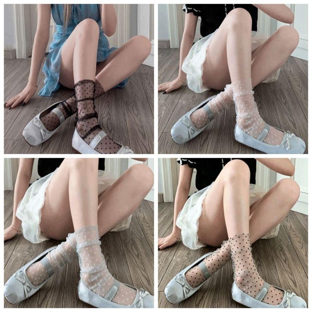 JK Mid Tube Socks Transparent Stacked Stockings Pile Up Socks Polka Dot Mesh Socks Student