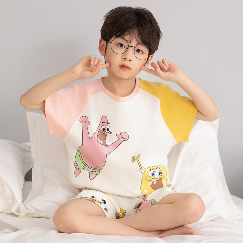 2026 Boys Cotton Pajama Set Short Sleeve Sleepwear Kids Teens Lightweight Home Wear