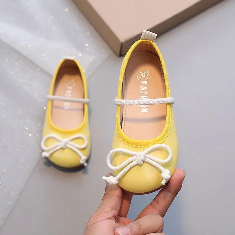 Kids Leather Shoes 2024 Spring/Autumn Girls Flats with Simple Lacing Bow Round Toe Soft Sole Colored Princess Shoes for Show