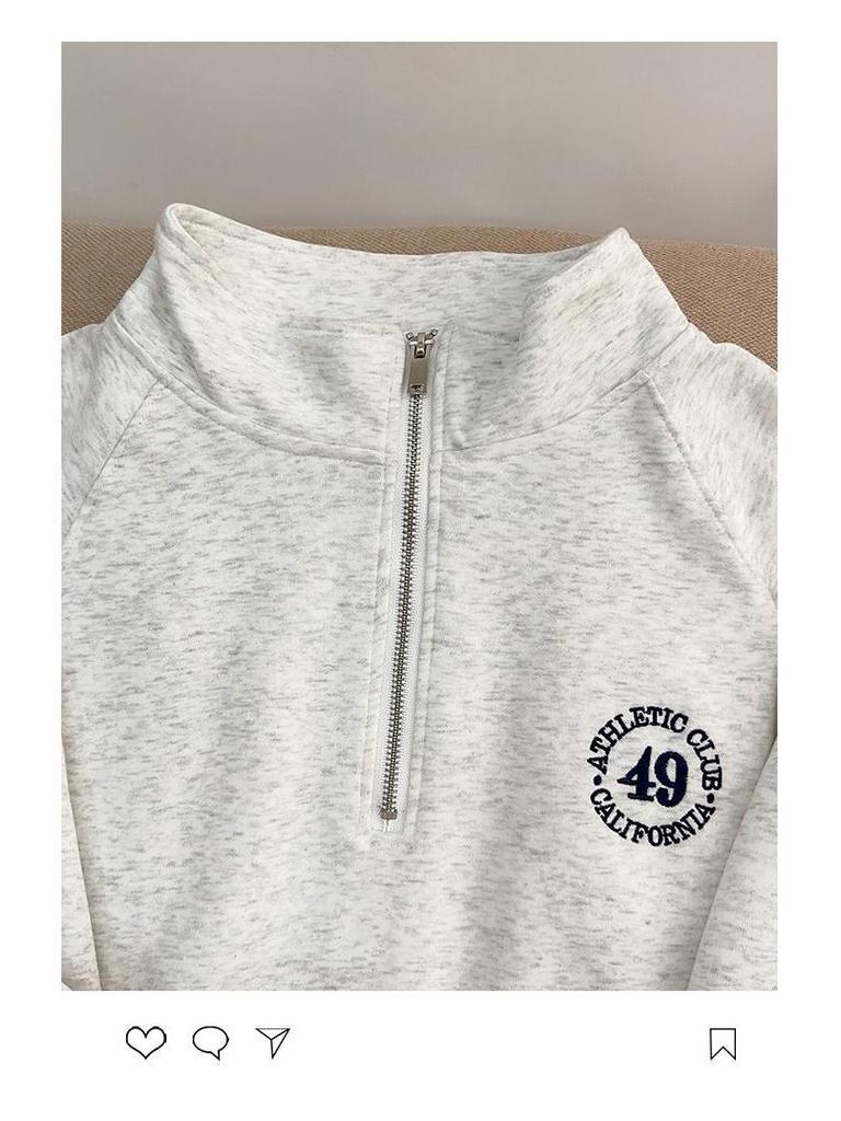 Женский ретро свитер с вышивкой на молнии до середины груди, со стойкой, осенне-зимний пуловер с длинным рукавом и плюшевой подкладкой