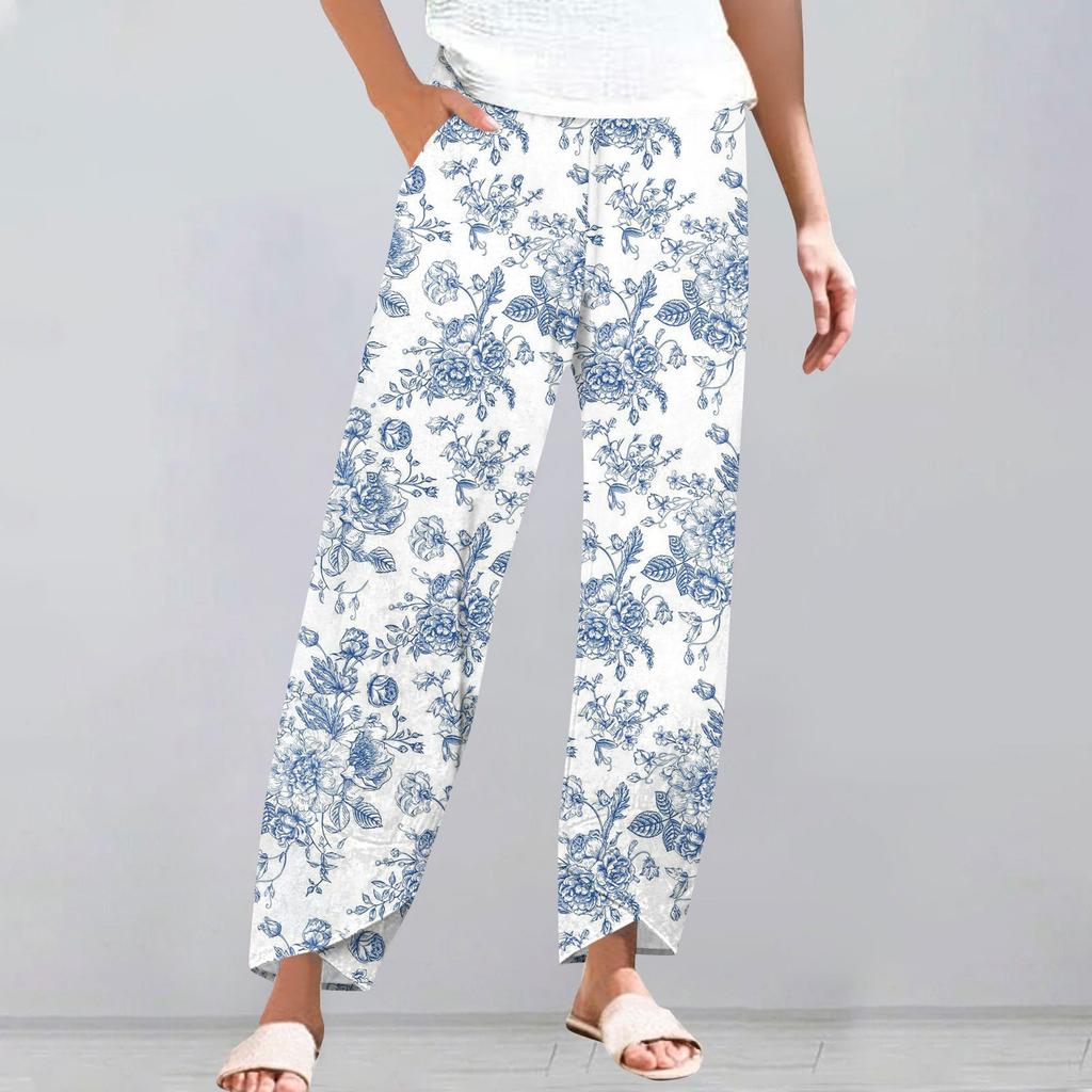 Pants For Women Summer Casual Wide Leg Elastic Waist Pants With Pockets