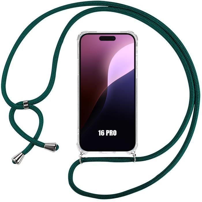 Case for iPhone 16 Pro - Thin Flexible Reinforced Corners Anti-Scratch TPU + Lanyard Night Green