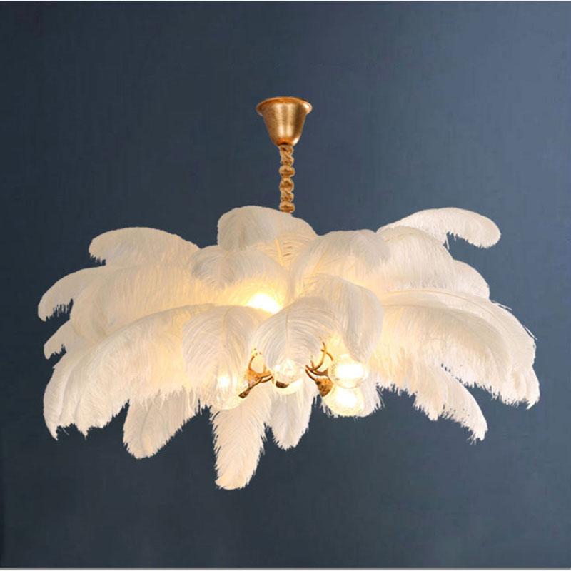 Lampu Gantung LED Bulu Burung Unta Alami Lampu Gantung Kamar Tidur Gantung Lampu Dekor Pencahayaan Restoran Lampu Gantung