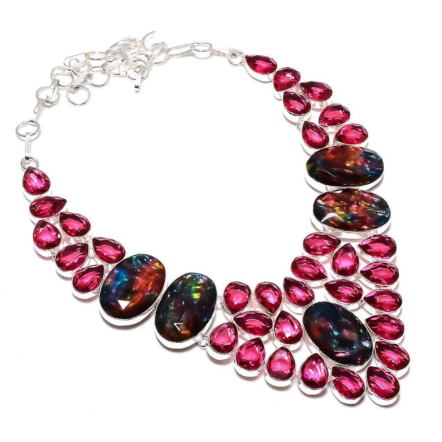 Аммолит, рубиллит, ручная работа, серебряное ожерелье 925 пробы, 18 дюймов, R3B80