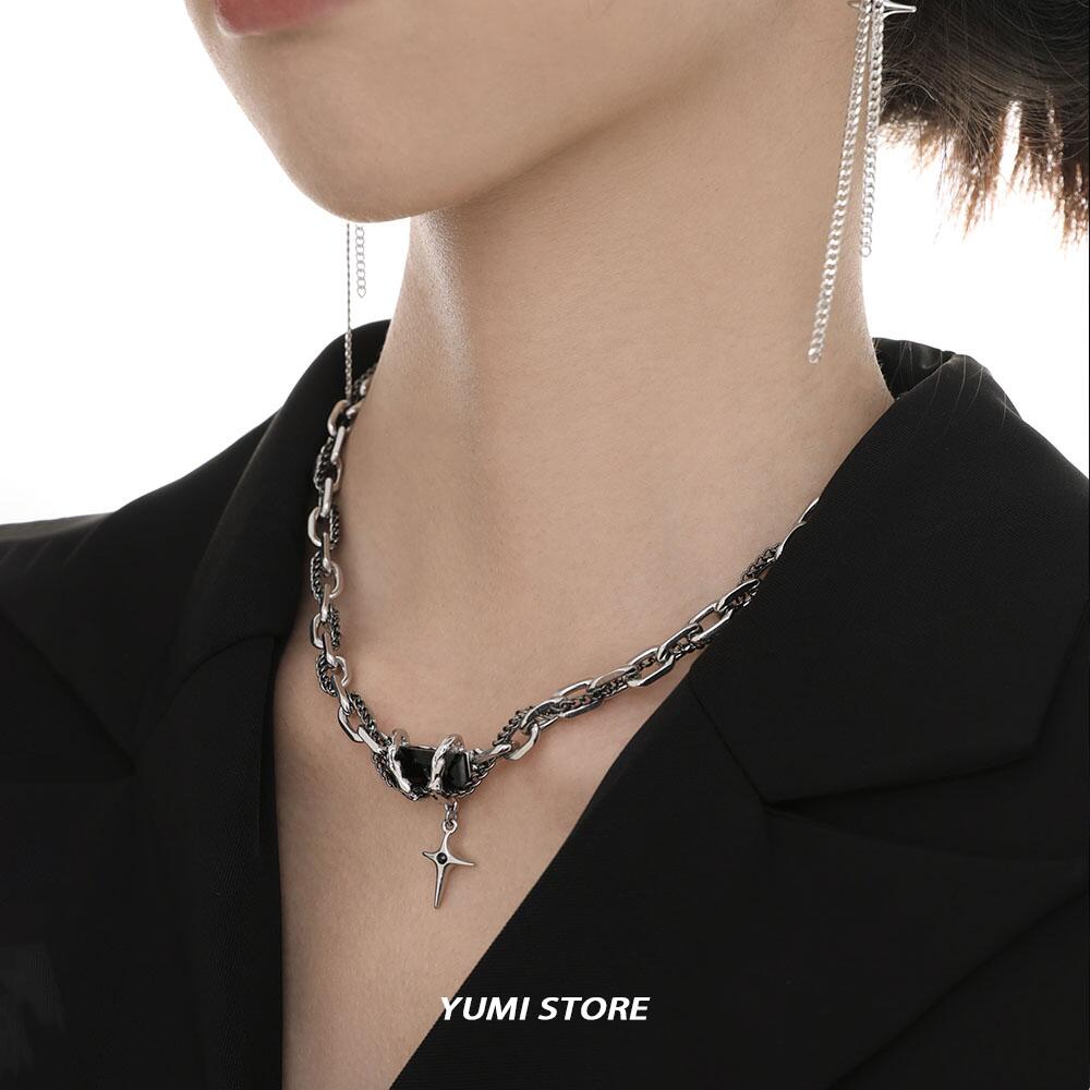 Ожерелье из титановой стали со звездой и крестом для мужчин и женщин в стиле хип-хоп, подвеска в виде черного циркония, цепочка для свитера, ювелирные изделия, новые аксессуары Kpop