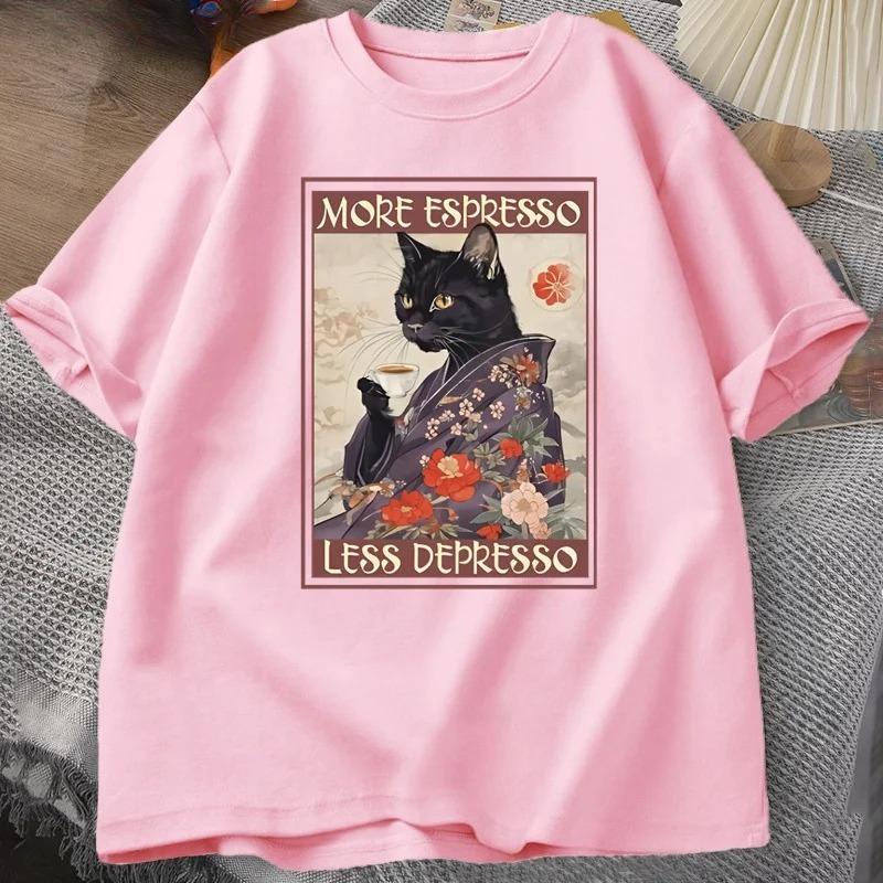 More Espresso Less Depresso Humorous T-Shirt Women Black Cat Coffee T Shirt Y2k Summer Women Short Sleeve Tee