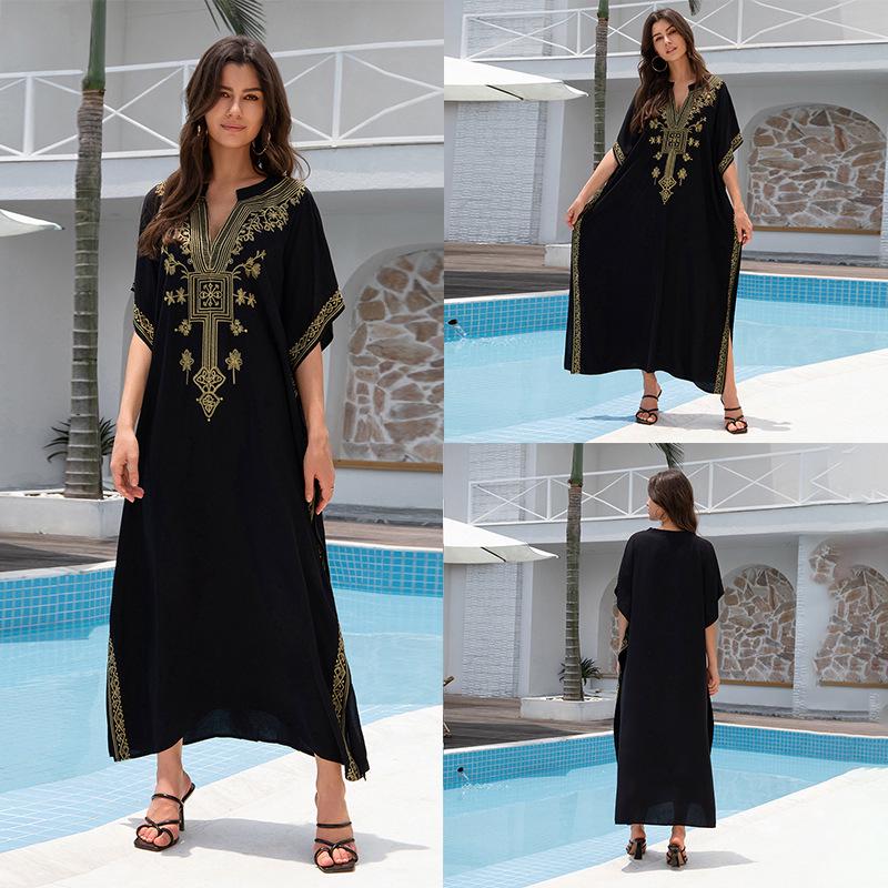 «Хлопковая юбка макси с европейской и американской вышивкой»: Женский пляжный солнцезащитный халат.