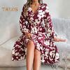 Lady Spring Fall Dress V Neck Floral Print Long Sleeves High Tight Waist A-line Flowy Ruffle Hem Dating Shopping Midi Dress