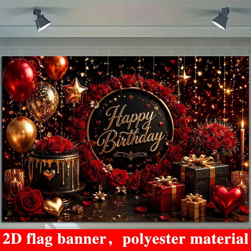 2D Flat Banner, Red Black Golden Birthday Backdrop, Red Roses, Hearts, Gift Boxes, Polyester